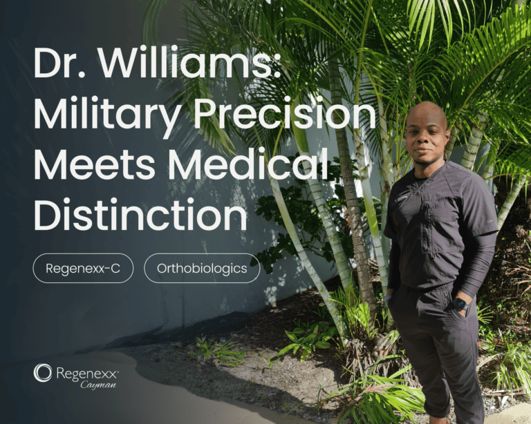 Dr. Williams standing next to a tall palm tree, wearing a doctor’s uniform.