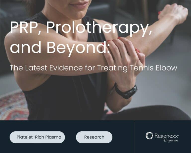 Header image for Regenexx Cayman blog on PRP, prolotherapy, and tennis elbow research – woman stretching arm to relieve elbow pain