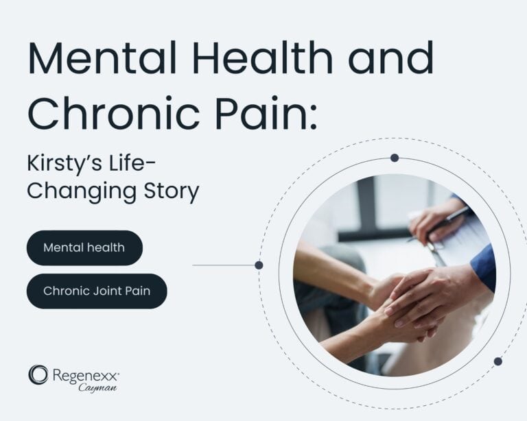 Blog header image for Regenexx Cayman showing support between a doctor and patient, highlighting the link between mental health and chronic pain recovery.